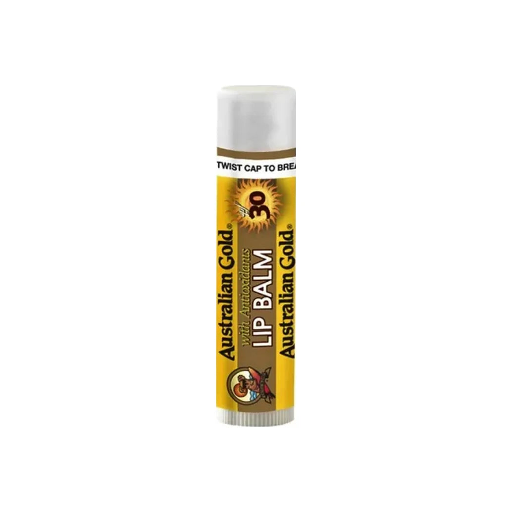 SPF 30 Australian Gold lip balm tube with antioxidants on white background
