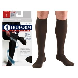 Men's knee-high compression socks for leg health, shown in brown with product packaging.