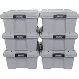 Stack of six gray plastic storage bins with secure lids for organizing and storing supplies