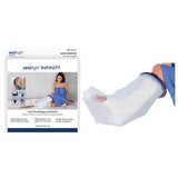 Adult woman using a cast or bandage protector sleeve for arm while sitting on bed