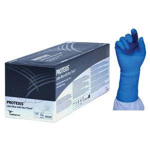 Blue latex medical gloves in a box with a gloved hand for home healthcare use
