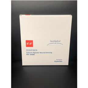 Box of ZeniFiber calcium alginate wound dressing, 10 pouches, against black background