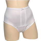 High-waist white incontinence underwear with lace trim on a mannequin