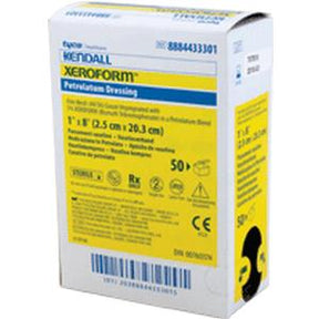 Box of Kendall Xeroform petroleum dressing for medical wound care, 1x8 inch size.