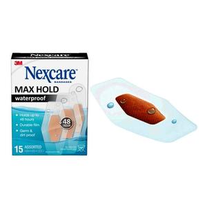 Nexcare Max Hold waterproof bandages box with one clear adhesive bandage displayed