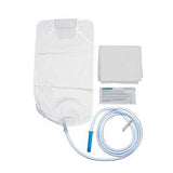 Home medical enema kit with clear bag, tubing, blue nozzle, wipes, and pad