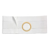 White ostomy belt with circular stoma opening, medical support accessory for ostomy care