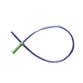 Purple intermittent catheter with green connector on white background, medical supply