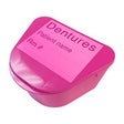 Pink denture storage case with labeled lid for patient name and room number