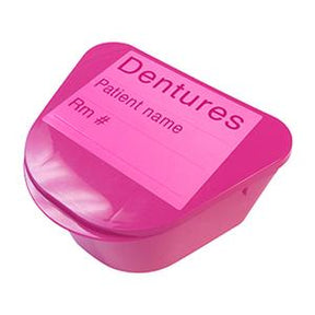 Pink denture storage case with labeled lid for patient name and room number