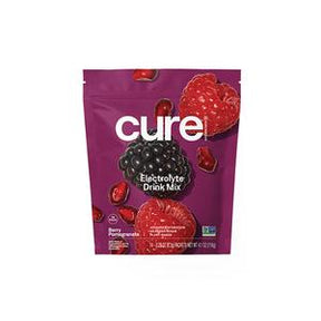 Cure electrolyte drink mix berry pomegranate flavor, purple resealable pack with fruit images