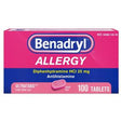 Benadryl Allergy 25mg antihistamine tablets, 100 count, pink box packaging