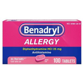 Benadryl Allergy 25mg antihistamine tablets, 100 count, pink box packaging