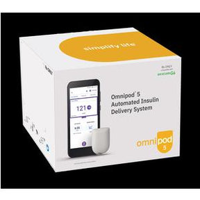 Omnipod 5 automated insulin delivery system product packaging with phone and device shown