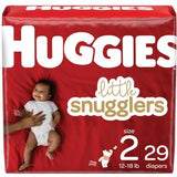 Huggies Little Snugglers diapers size 2 pack with smiling baby on red background