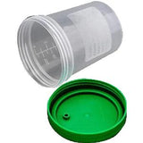 Clear plastic specimen container with green screw-on lid for medical sample collection
