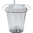 Clear medical suction canister with graduated markings and white lid for fluid collection