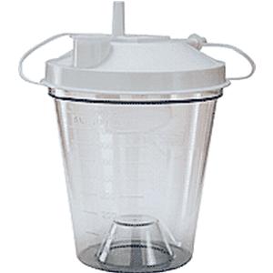 Clear medical suction canister with graduated markings and white lid for fluid collection