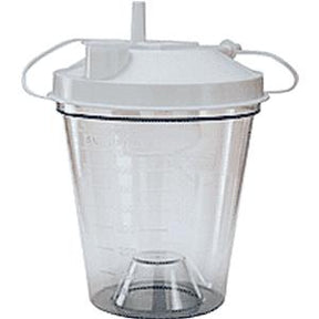 Clear medical suction canister with graduated markings and white lid for fluid collection
