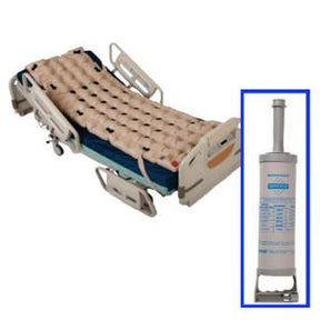 Hospital bed with beige alternating pressure mattress and medical pump for pressure ulcer prevention