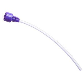 Purple medical feeding tube with clear flexible tubing on a white background