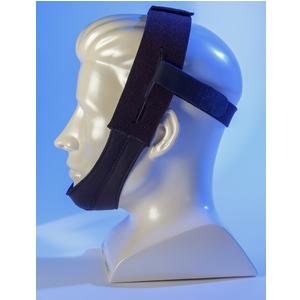 Adjustable black chin strap for sleep apnea on mannequin head, side view