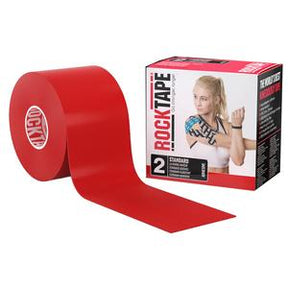 Red kinesiology tape roll with packaging showing woman applying tape to shoulder