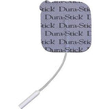 Square Dura-Stick electrode pad with attached white lead wire, used for TENS therapy