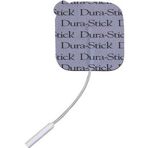 Square Dura-Stick electrode pad with attached white lead wire, used for TENS therapy