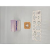 Ostomy barrier with measuring guide and product box, medical supply for chronic care