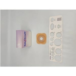 Ostomy barrier with measuring guide and product box, medical supply for chronic care