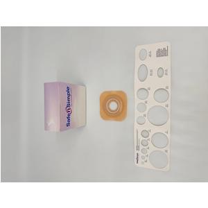 Ostomy barrier with measuring guide and product box, medical supply for chronic care