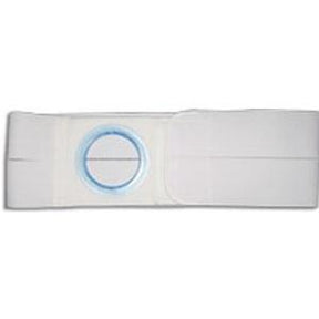 White ostomy belt with circular opening for medical use, laid flat on a white background.