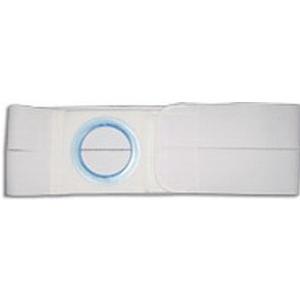 White ostomy belt with circular opening for medical use, laid flat on a white background.