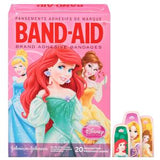 Box of adhesive bandages featuring Disney princess designs with three decorated bandages shown