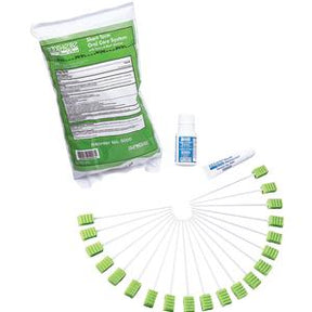 Oral care kit with green swabs, mouthwash, and dentifrice for medical home use