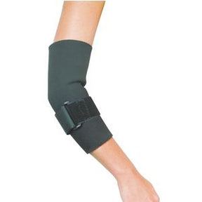 Black elbow support brace with adjustable strap on forearm