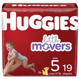 Huggies Little Movers size 5 diapers pack with baby image, 19 count, over 27 lb