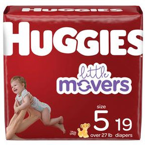 Huggies Little Movers size 5 diapers pack with baby image, 19 count, over 27 lb