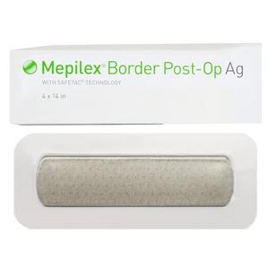 Mepilex Border Post-Op Ag silver wound dressing in sterile packaging, 4 x 16 inch