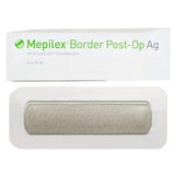 Mepilex Border Post-Op Ag silver wound dressing in sterile packaging, 4 x 16 inch