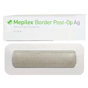 Mepilex Border Post-Op Ag silver wound dressing in sterile packaging, 4 x 16 inch