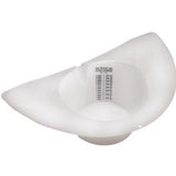 White plastic medical specimen collection hat with measurement markings, top view