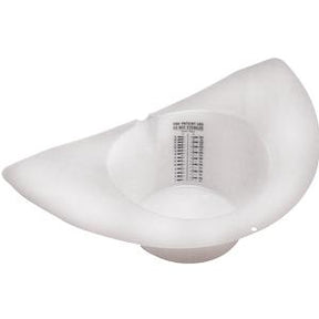 White plastic medical specimen collection hat with measurement markings, top view