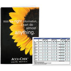 Accu-Chek diabetes log book with sunflower design and blood glucose tracking chart