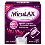 MiraLAX NeatPAX 10-pack box of unflavored powder laxative, with individual dose packets and a glass of water.