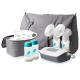 Double electric breast pump set with bottles, cooler bag, storage bags, and gray carry case