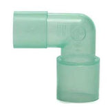 Green plastic oxygen tubing connector elbow for respiratory medical equipment