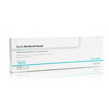 Sterile bordered gauze dressing box for wound care with adhesive border, white packaging