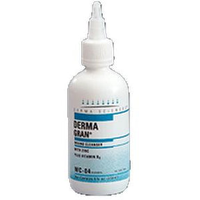 Bottle of Derma Gran wound cleanser with pointed nozzle, white and blue medical packaging
